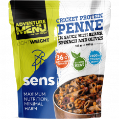 Adventure menu SENS Cvrččí proteinové penne v omáčce s fazolemi, špenátem a olivami